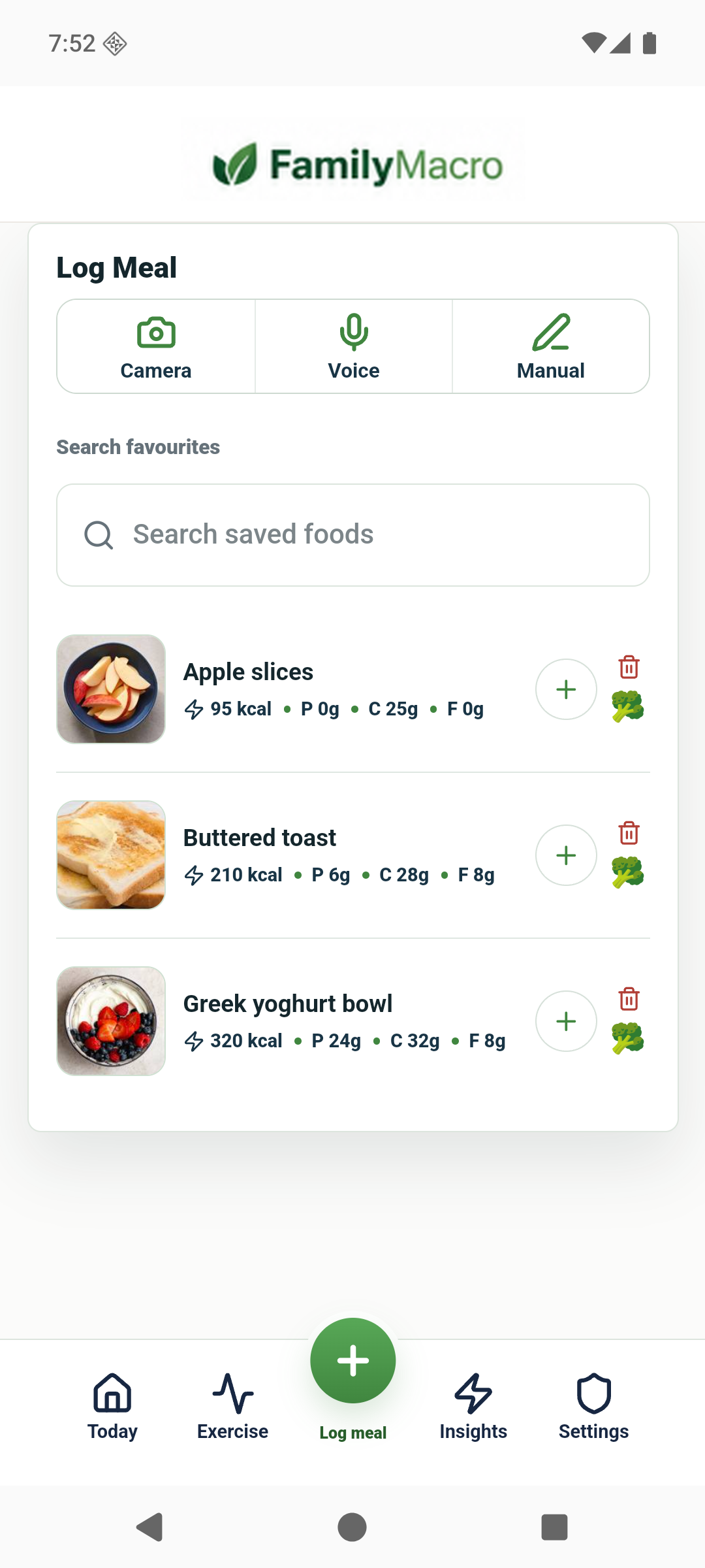 FamilyMacro Android Log Meal screen with camera, voice, manual entry, and saved foods
