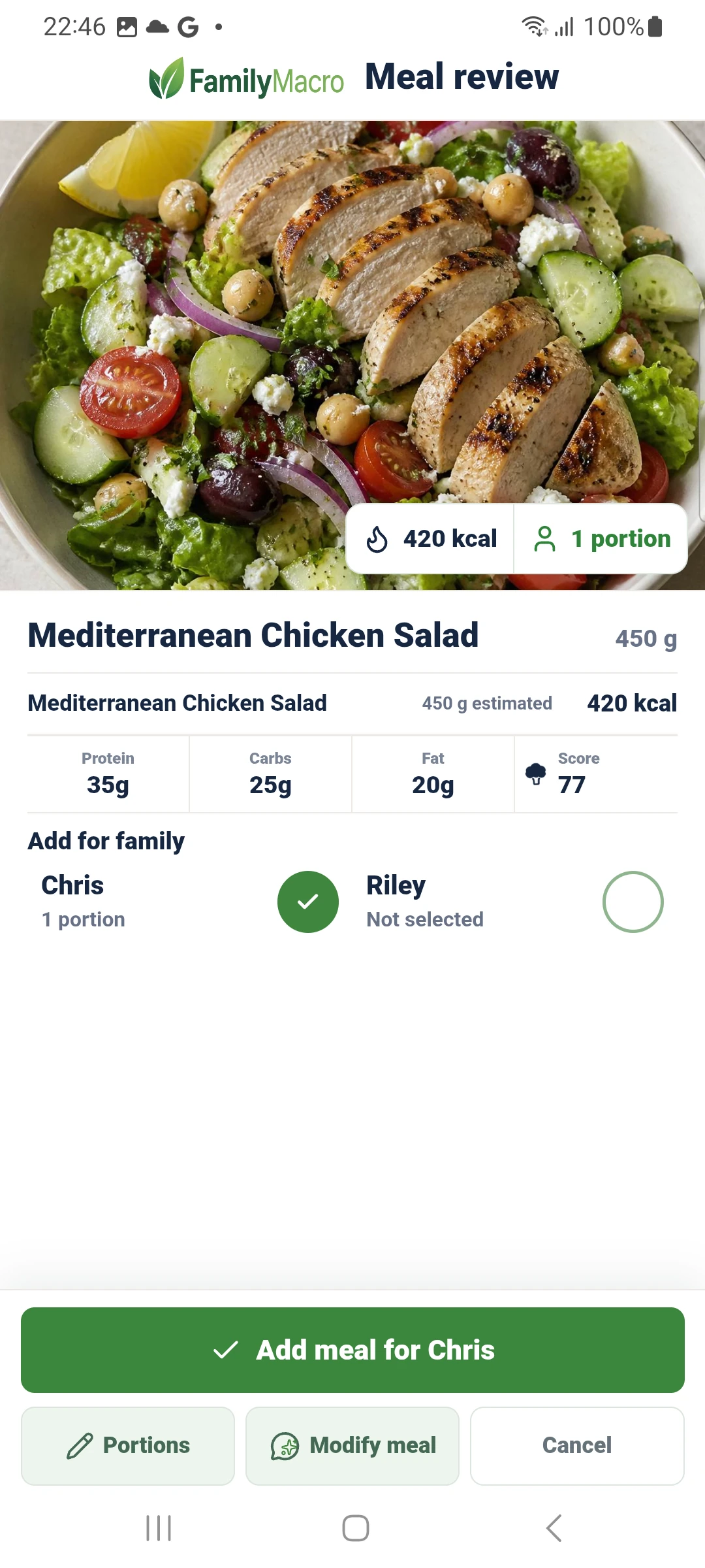 Full FamilyMacro meal review captured from the connected Google Play-installed Android phone, showing the Mediterranean chicken salad photo, estimated nutrition and review controls